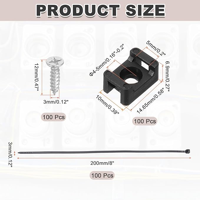 MECCANIXITY 100pcs 0.58" Cable Tie Saddle Type Mounts Base with 8" Cable Zip Ties and M3 Tapping Screws, Wire Organizer Holder Clamps Set, Black