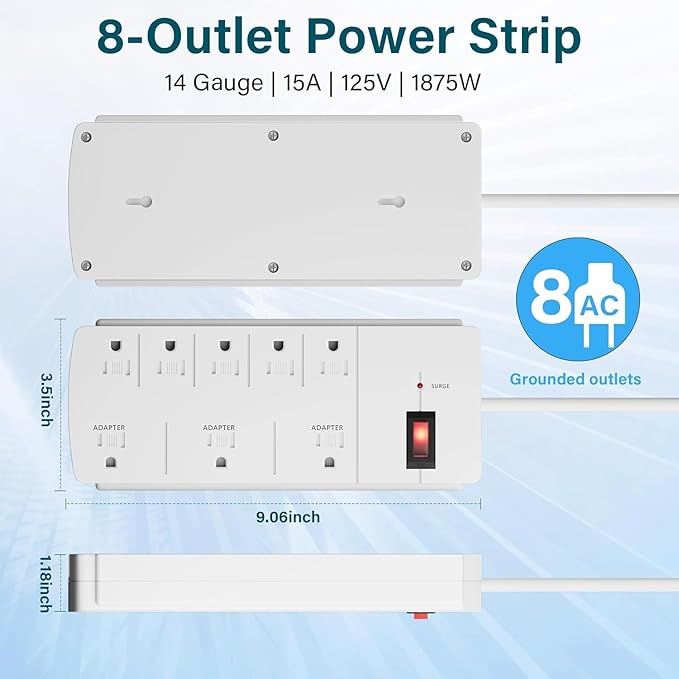 Elecan Surge Protector Power Strip with 4 Ft Extension Cord, 8 Widely Spaced Outlets with Safety Cover, 45 Degree Flat Plug Wall Mountable Multi Outlet Extender, Heavy Duty 14AWG, 1200J/125V,ETL-White