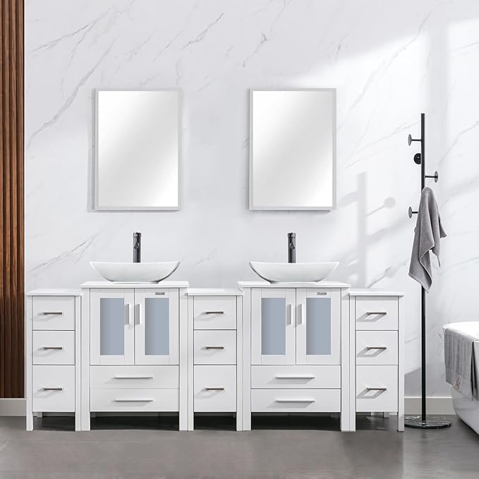 eclife 84" Modern Bathroom Vanity Sink Combo Freestanding Cabinet with Small Side Cabinet, White Curved Ceramic Vessel Sink, Water Save Faucet, Drain (White+T32)