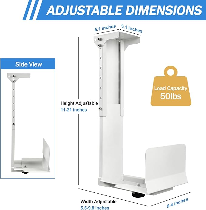 Heavy Duty Computer Wall Mount PC Case - Upgraded, Also Great for PC Mount Under Desk - Height Adjustable from 11" to 21", Width Adjustable from 5.5" to 9.8", Computer Tower Under Desk Home Office