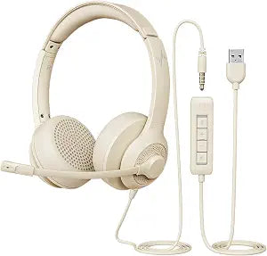JIAMQISHI USB Headset with Microphone for PC, On-Ear Computer Laptop Headphones with Noise Cancelling Mic in-line Control for Home Office Online Class Zoom (USB+3.5mm, Apricot)