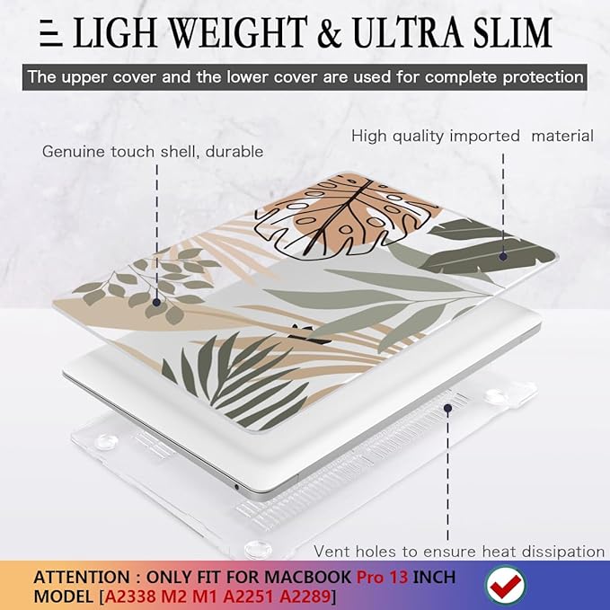 CISSOOK Compatible with MacBook Pro 13 inch Case M2 2025-2020 A2338 M1&M2 A2251 A2289, Plastic Hard Shell with Keyboard Cover &Screen Protector for MacBook Pro 13 Touch Bar, Tropical Leaf