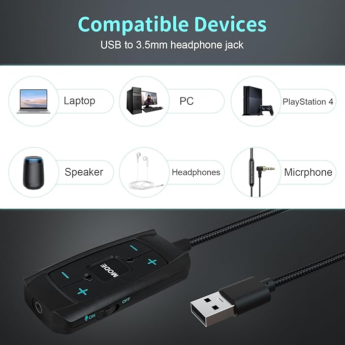 USB Sound Card Virtual 7.1 Surround Sound USB to 3.5mm Jack Audio Adapter Cable External Sound Card for PC/PS4/PS5/Mac/Gaming Headset, with Mute/Volume Control, 6.5ft, Audio Control Box, Plug and Play