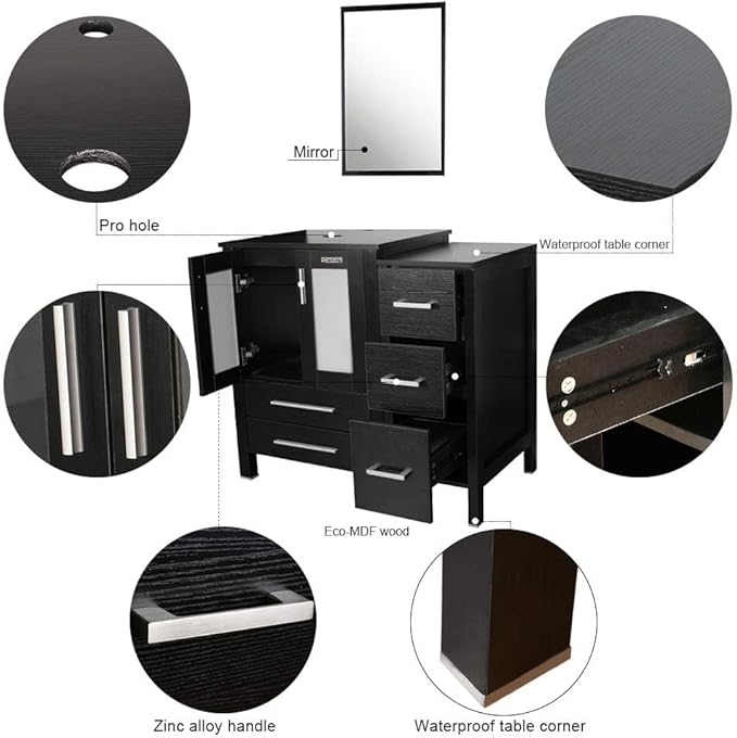 eclife 72" Modern Bathroom Vanity Sink Combo Freestanding Cabinet with Small Side Cabinet, White Boat Ceramic Vessel Sink, Water Save Faucet, Drain (Black+T44)
