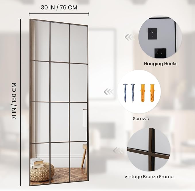 Windowpane Mirror Full Length 71"x30" Wall Mounted Mirror Faded Bronze Frame Vintage Distressed Art Pane Leaning Hanging Wall for Home Decor in Living Room Bedroom Hallway Entrance
