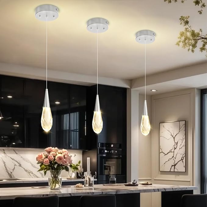 Pendant Light Kitchen Islan Silver Mini Crystal Chandelier Modern Hanging Light Fixture for Dining Room, Living Room,Bedroom, Foyer（3-Pack）