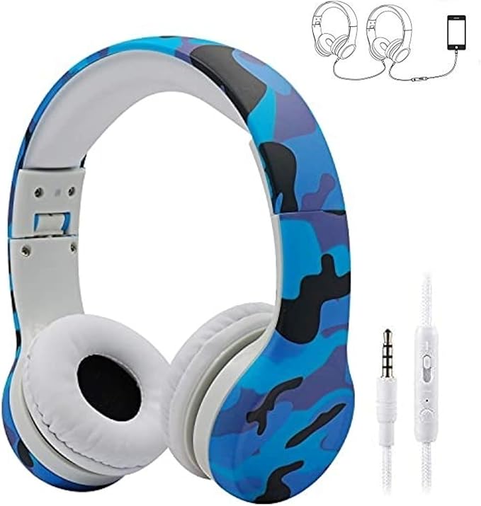 Kids Headphones with Cord, Toddler Headphones with Sharing Function, 85dB/93dB Safe Volume Limit, for Toddler Children Baby Boys Girls On-line Study, School, Travel use (camo Blue)