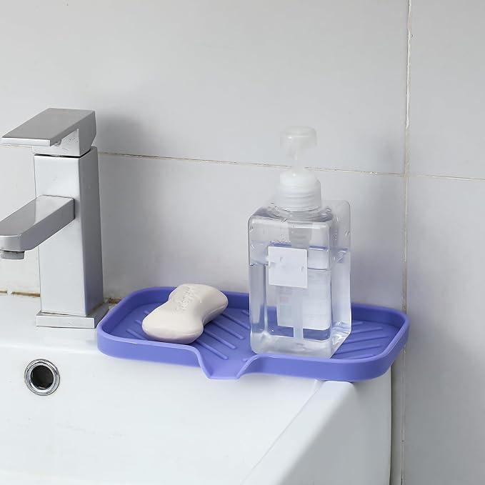 Silicone Bathroom Soap Dishes with Drain Spout-Bathroom and Kitchen Sink Organizer,Sponge Holder,Dish Soap Tray,Perfect for Dispenser,Scrubber,Bottle on Sink or Counter-Light Purple 9.6"×5.3"