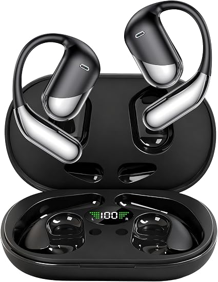 Open Ear Clip Wireless Earbuds Bone Conduction Headphones，Built-in Mic, IPX7 Waterproof, LED Display Charging Case,Ear Hooks Ear Buds, Ultra-Comfort Bluetooth Earphones for Running Fitness,office gift