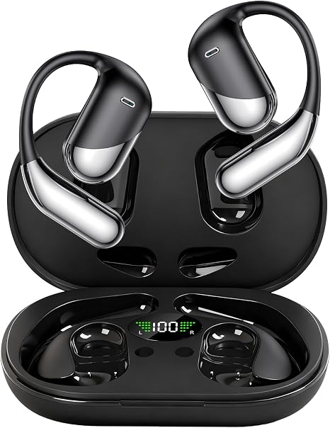 Open Ear Clip Wireless Earbuds Bone Conduction Headphones，Built-in Mic, IPX7 Waterproof, LED Display Charging Case,Ear Hooks Ear Buds, Ultra-Comfort Bluetooth Earphones for Running Fitness,office gift