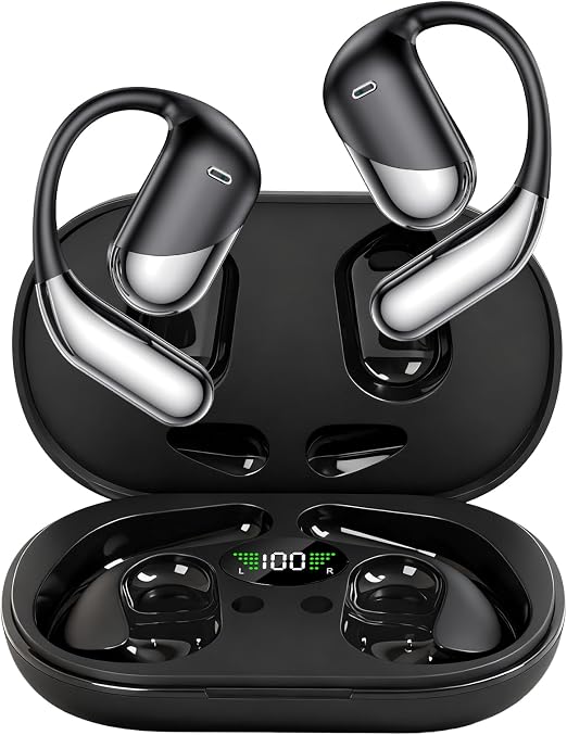 Open Ear Clip Wireless Earbuds Bone Conduction Headphones，Built-in Mic, IPX7 Waterproof, LED Display Charging Case,Ear Hooks Ear Buds, Ultra-Comfort Bluetooth Earphones for Running Fitness,office gift