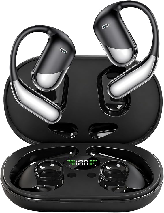 Open Ear Clip Wireless Earbuds Bone Conduction Headphones，Built-in Mic, IPX7 Waterproof, LED Display Charging Case,Ear Hooks Ear Buds, Ultra-Comfort Bluetooth Earphones for Running Fitness,office gift