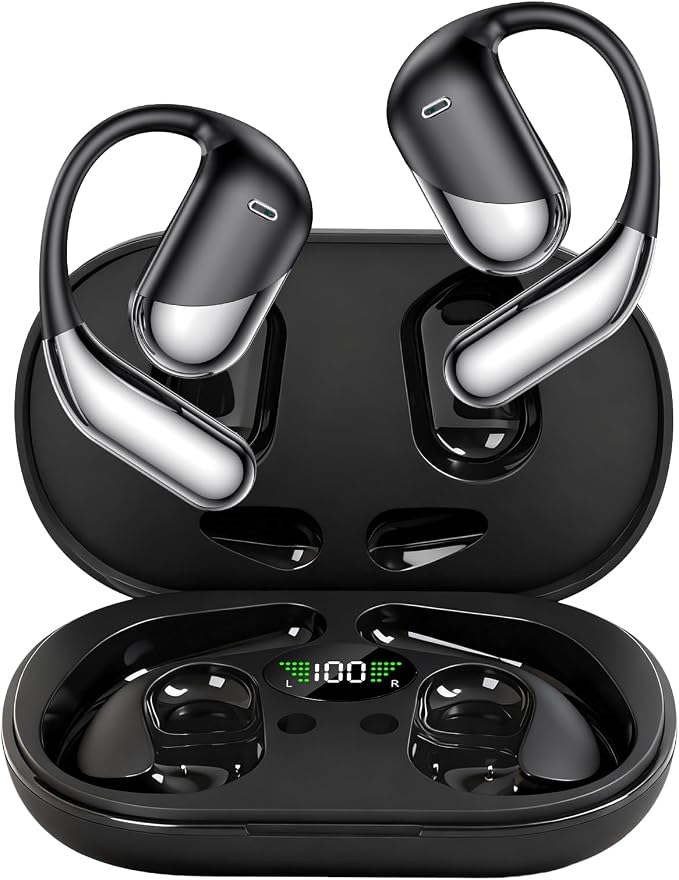 Open Ear Clip Wireless Earbuds Bone Conduction Headphones，Built-in Mic, IPX7 Waterproof, LED Display Charging Case,Ear Hooks Ear Buds, Ultra-Comfort Bluetooth Earphones for Running Fitness,office gift