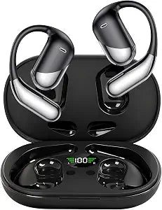 Open Ear Clip Wireless Earbuds Bone Conduction Headphones，Built-in Mic, IPX7 Waterproof, LED Display Charging Case,Ear Hooks Ear Buds, Ultra-Comfort Bluetooth Earphones for Running Fitness,office gift