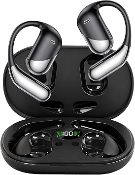 Open Ear Clip Wireless Earbuds Bone Conduction Headphones，Built-in Mic, IPX7 Waterproof, LED Display Charging Case,Ear Hooks Ear Buds, Ultra-Comfort Bluetooth Earphones for Running Fitness,office gift