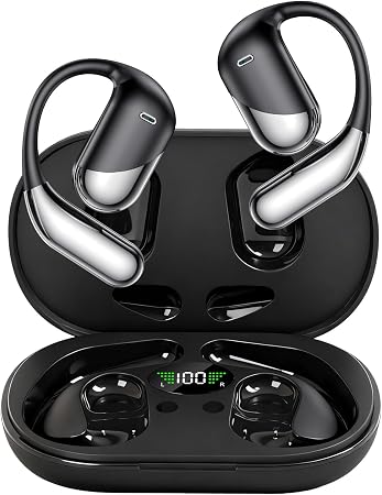 Open Ear Clip Wireless Earbuds Bone Conduction Headphones，Built-in Mic, IPX7 Waterproof, LED Display Charging Case,Ear Hooks Ear Buds, Ultra-Comfort Bluetooth Earphones for Running Fitness,office gift
