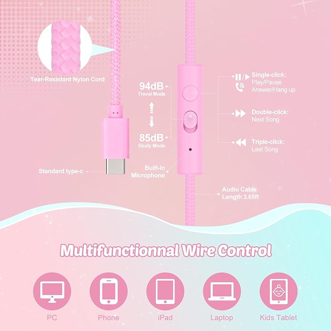 QearFun Kids Cat Ear Headphones with USB C for Girls with Microphone, 85/94dB Safe Volume Limiter, Tangle-Free Cord, Share Port, Foldable Sparkly Wired Headset for School, Travel, Tablet, iPad