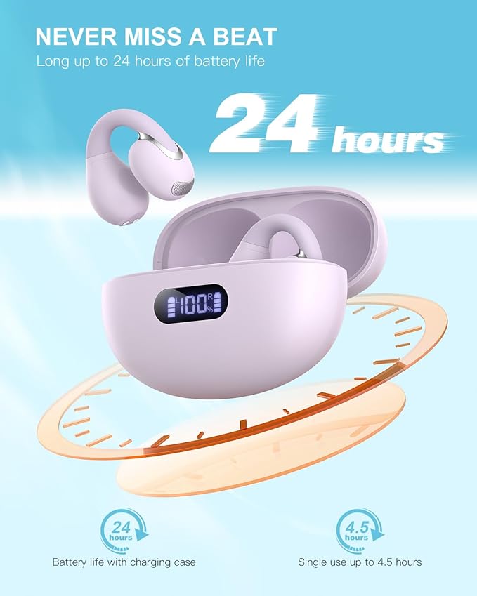 Open Ear Clip Wireless Earbuds Bluetooth 5.4, Lightweight Comfort Sports Bone Conduction Headphones Built-in Mic for Clear Audio, Stable Fit Earphones 24H Play-Purple
