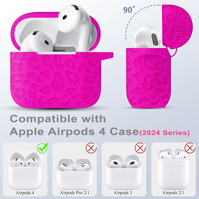 Engraved Leopard Case Compatible with AirPods 4th Generation Carving Cover with Keychain, Skin Soft Cover for Compatible with AirPods 4 Case Full Protection,Front LED Visible, Hot Pink