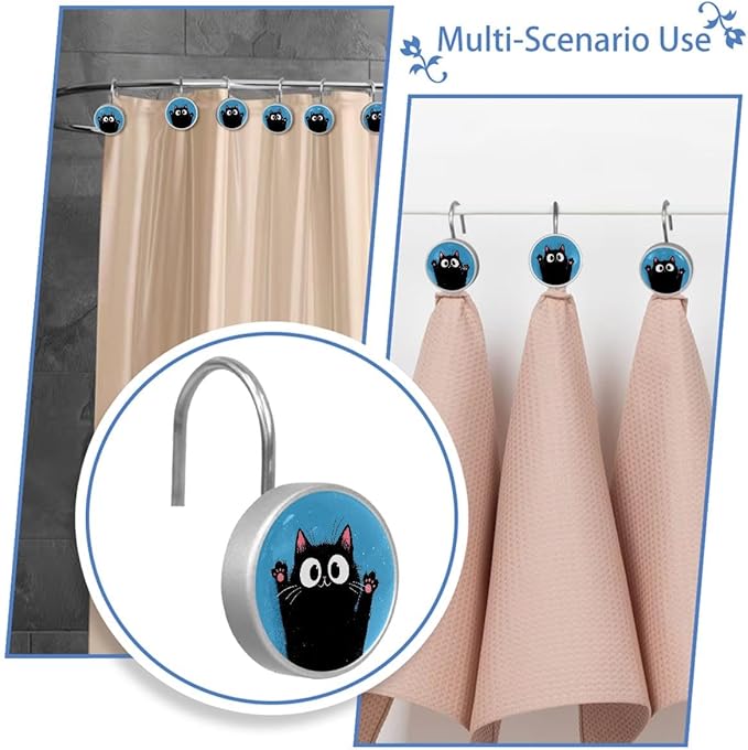 12 Packs Black Happy Cat Shower Curtain Hooks, Stainless Steel Glass Shower Curtain Rings for Bathroom, Rustproof Metal Curtain Rod Hooks