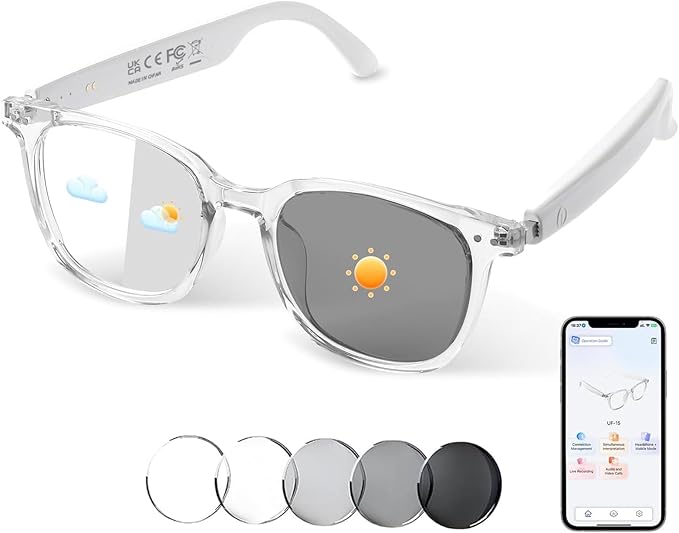 AI Smart Glasses for Men Women, Bluetooth Translation Glasses with speakers, Smart Audio Sunglasses with AI Translation (160+Languages), Photochromic Lenses, Music Glasses for Travel Business-Clear