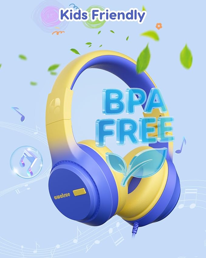 Kids Headphones, 74/85/94dB Volume Limiter, Foldable Wired Over Ear Headphones for Travel, 3.5mm Jack, Toddler Headphones for School, Chromebook, iPad, Tablet, Blue Yellow