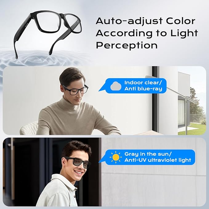 Smart Glasses for Women Men,Bluetooth Glasses with Photochromic Lenses,Built-in Mic & Speakers,Anti-Blue Light Lens with Hands-Free Listening Voice Control,Perfect for Indoor Outdoor