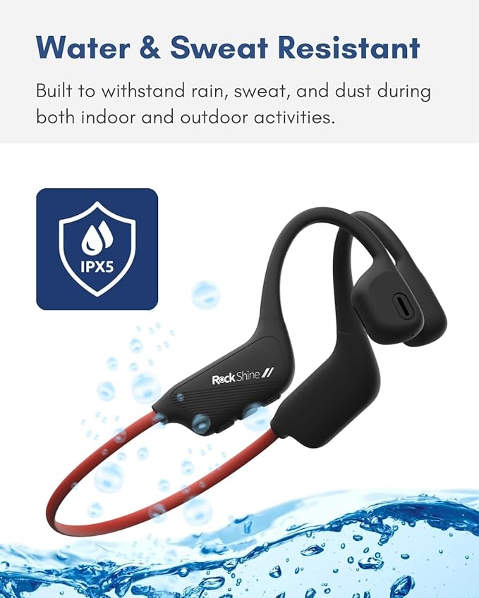 R1 Open Ear Headphones, Bone Conduction Running Headphones Bluetooth 5.3, 12H Battery Sweatproof & Water-Resistant, Wireless with Mic for Cycling, Workout,Sports-Deep Bass Sound (Black+RED)