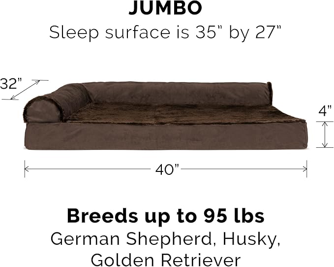 Furhaven Orthopedic Dog Bed for Large Dogs w/ Removable Bolsters & Washable Cover, For Dogs Up to 95 lbs - Plush & Velvet L Shaped Chaise - Sable Brown, Jumbo/XL