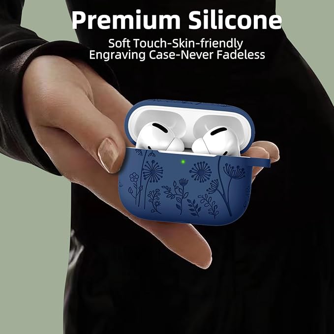 Lerobo for Airpod Pro Case 2nd 1st Generation Case USB C, Cute Flower Engraved Soft Silicone Cover Compatible with Apple AirPod Pro/Pro 2 Case, Full Protective, Front LED Visible, Midnight Blue