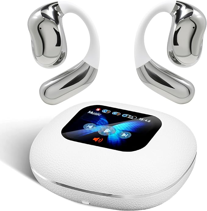 Open Ear Earphones with Touchscreen, Bone Conduction Wireless Earbuds Bluetooth 5.4, 68H Playtime with Charging Case, Over Headphones with Silicone Ear Hooks, for Outdoors Fitness Sport (White)