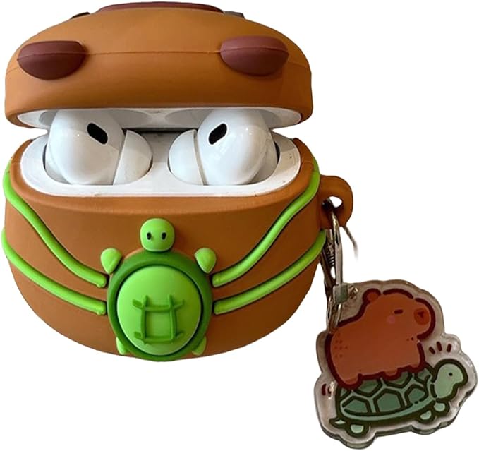 Wireless Charging Earphone Case Compatible with Airpods 4, Cute Animal Kapibala Design Soft Silicone Full Body Protective Skin Cover, Kids Girls Women Cartoon Earbuds Accessories with Pendant