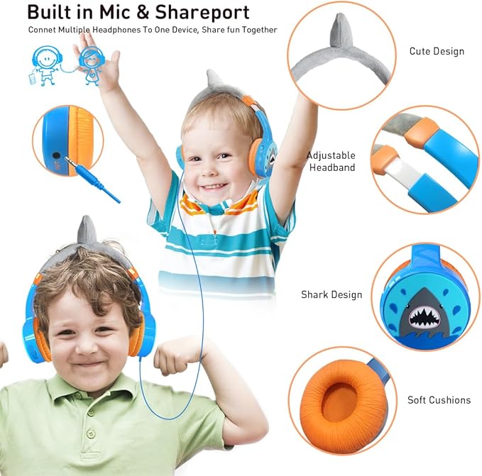 Kids Bluetooth Headphones Toddler Wireless/Wired Headphone with MIC Bluetooth 5.3 Stereo Sound Sharing Function Adjustable 85dB Safe Volume Limited SD Card Slot Kid Headset for Home School