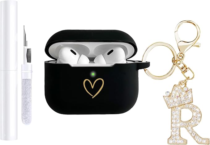 Compatible with AirPods Pro 3 Case Cover (2025), Soft Silicone Case with Gold Heart Pattern for AirPods Pro 3rd Generation Case with Rhinestone Studded Letter A-Z Keychain (R Black)