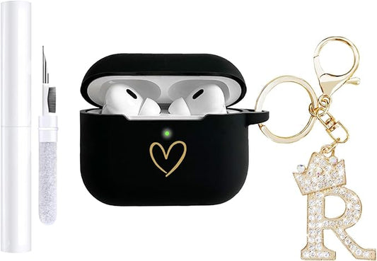 Compatible with AirPods Pro 3 Case Cover (2025), Soft Silicone Case with Gold Heart Pattern for AirPods Pro 3rd Generation Case with Rhinestone Studded Letter A-Z Keychain (R Black)