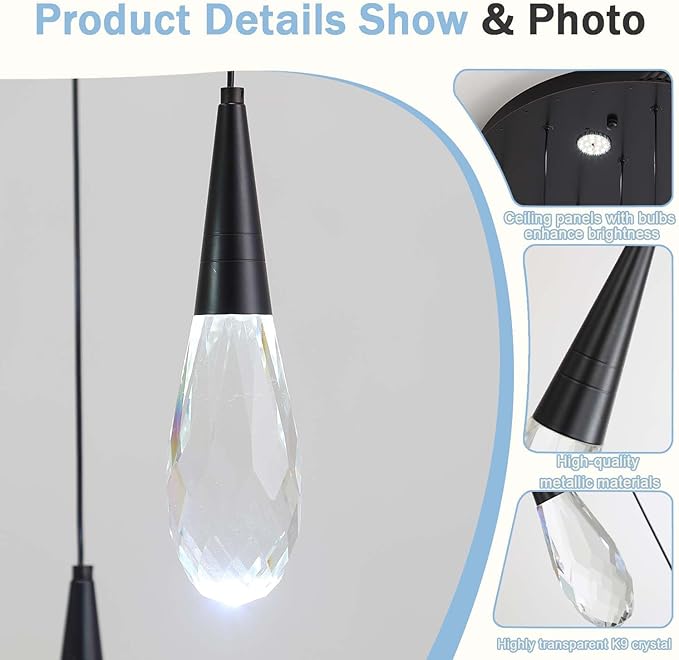 3-Lights Crystal Pendant Light Kitchen Islan Black Hanging Chandelier Teardrop Crystal Pendant Light Fixture for Dining Room, Living Room,Kitchen lsland, Foyer