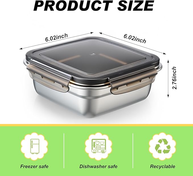 6 Pack Stainless Steel Sandwich Containers with Lids 25.4 oz Metal Food Container for Lunch Boxes with Airtight Silicone Seal for Sandwiches and Snacks(Black)