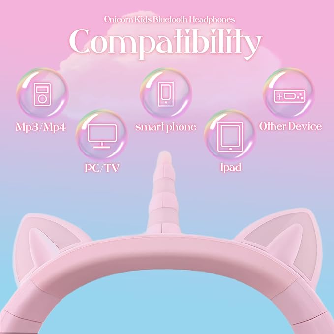 Unicorn Kids Headphones for Girls, Unicorn Bluetooth Headphones Foldable for Girls Toddlers Tablet/pad/Amazon fire,Light Up Kids Wireless Headphone Birthday Gifts (Purple Pink)