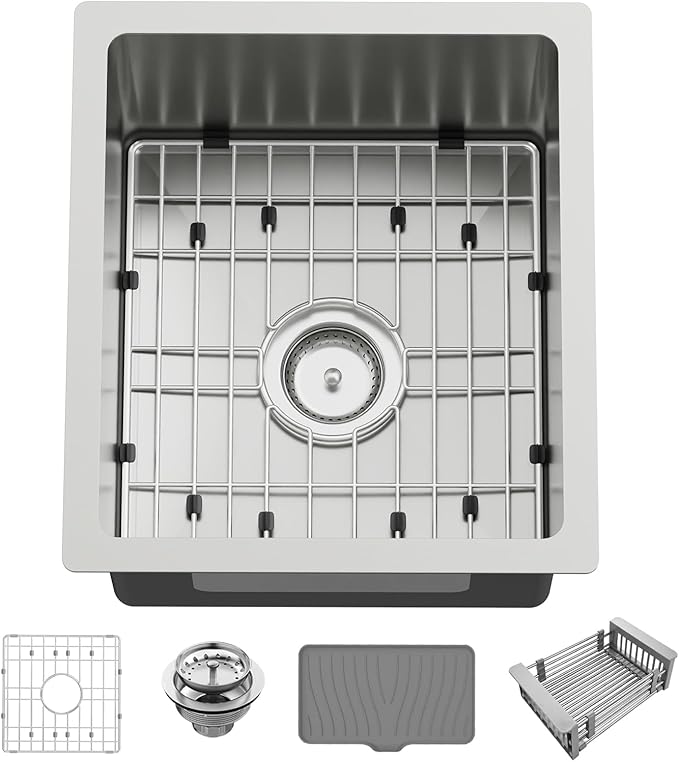 15x17In Undermount Kitchen And Bar Sink- Stainless Steel Single Bowl Modern Drop In Kitchen&Bar Sink With SS Grid,Silicon Mat,Colander,Drain Strainer Compatibility With Various Kitchen&Bar Style