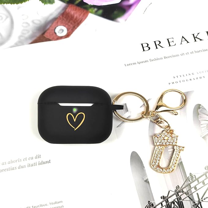 Compatible with AirPods Pro 3 Case Cover (2025), Soft Silicone Case with Gold Heart Pattern for AirPods Pro 3rd Generation Case with Rhinestone Studded Letter A-Z Keychain (U Black)