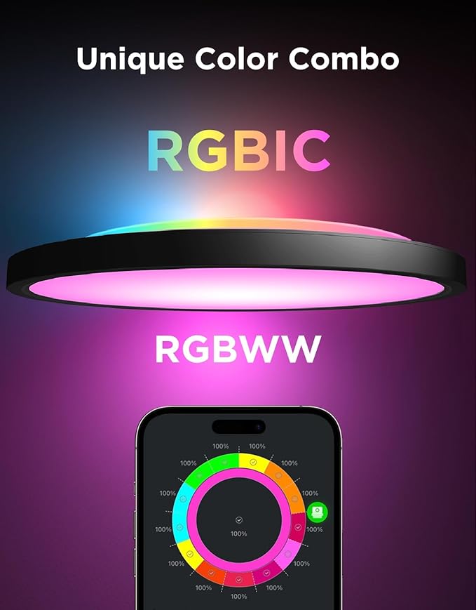 Govee Smart Ceiling Light, RGBIC LED Ceiling Light Fixture, 2400LM Flush Mount Light Fixture, DIY Colors, Works with Alexa, 2200K-6500K for Bedroom, Living Room, 12 Inch, 1 Pack, Black