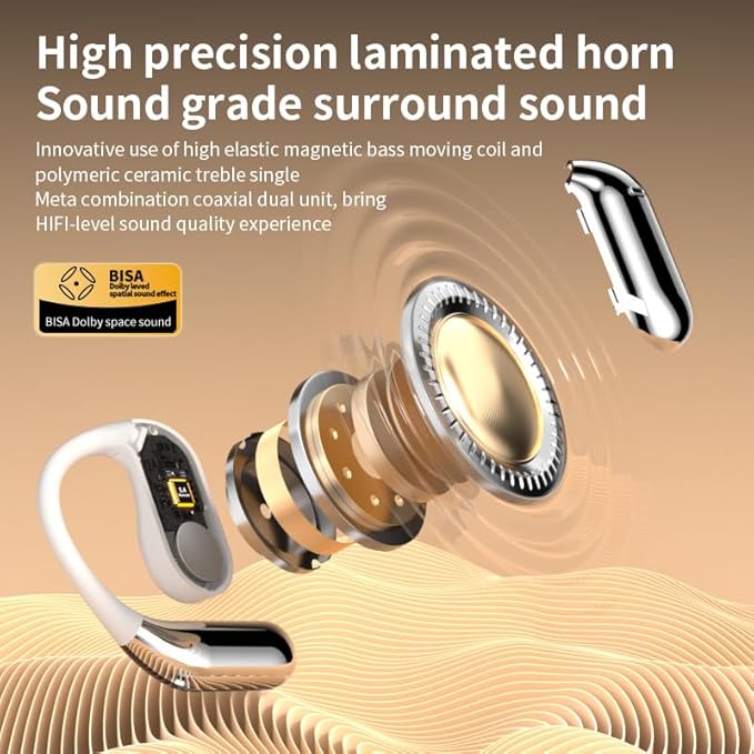 Open Ear Bluetooth 5.4 Headphones with Intelligent Touch Screen Ear Hooks IPX7 Waterproof Bone Conduction Earbuds for Running Fitness Sport Grey
