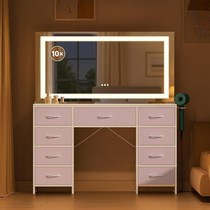 COMHOMA Vanity Desk with Large Mirror,LED and Power Outlet,Makeup Table with 9 Storage Drawersand HD Mirrors,3 Color Modes Adjustable Lighting for Bedroom Dressing Room (Pink, 47inch)
