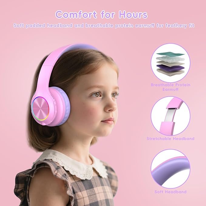 Kids Bluetooth 6.0 Headphones with LED Light, 85Hours Playtimes, Type-C Fast Charging, 85/94dB Volume Limited, Comfort Wireless Headphones with Built-in Mic, Wired & TF Card Mode, Pink