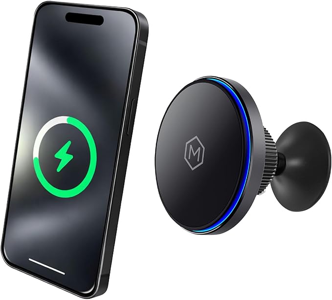 Mag Switch Qi2 Wireless Car Charger Small Dash Mount, 15W Fast Charger with Built in on/off Switch for smarter charging, Strong N52 Magnets, Compatible with iPhone 14/15/16/17, Iphone Air