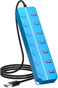 USB Hub 7 Port, USB Splitter with Individual On/Off Switches and Lights