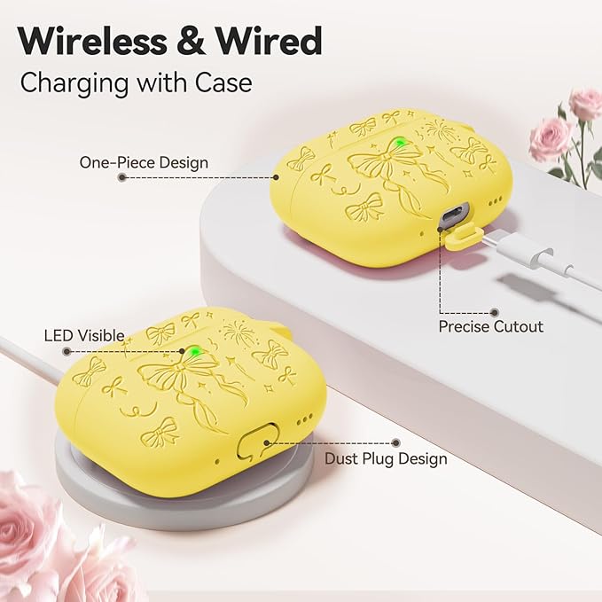 for Airpods Pro 3 Case Cover, Joremx Cute Bow Engraved Silicone Protective Case Cover with Keychain, Cleaner Kit for Airpods Pro 3rd Generation (2025) (Yellow)
