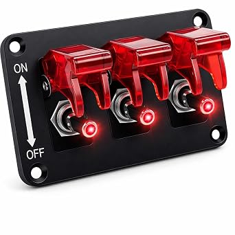 MGI SpeedWare 3-Gang Toggle Switch Panel with LED & Safety Flip Covers – Heavy-Duty SPST Rocker Switch Plate for 12V Car, Truck, Boat, RV & UTV (Red)