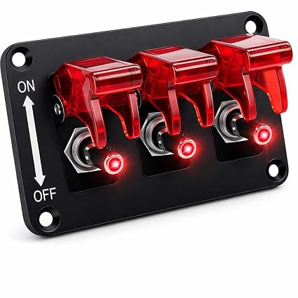MGI SpeedWare 3-Gang Toggle Switch Panel with LED & Safety Flip Covers – Heavy-Duty SPST Rocker Switch Plate for 12V Car, Truck, Boat, RV & UTV (Red)