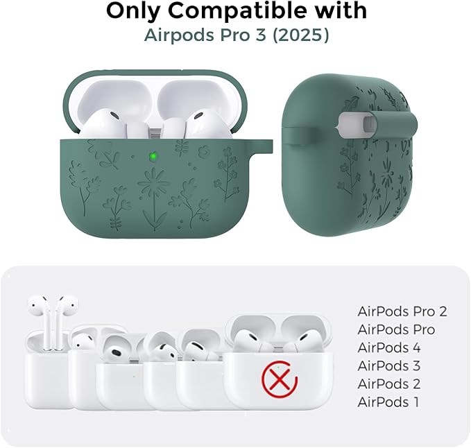AhaStyle AirPods Pro 3 Case Cover (2025) Flower Engraved Cute Silicone AirPods Pro 3rd Generation Case Full Body Shockproof Cover Skin for Apple AirPods Pro 3rd Gen with Cleaning Kit for Women Girls